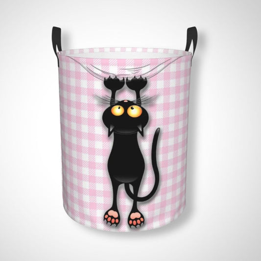 Panier à linge pliable | Chat Chat noir carreaux rose / 50x40 cm