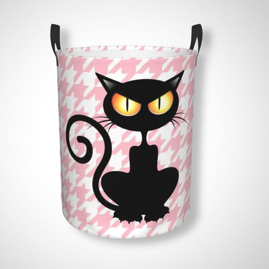 Panier à linge pliable | Chat Chat noir de face carreaux rose / 50x40 cm